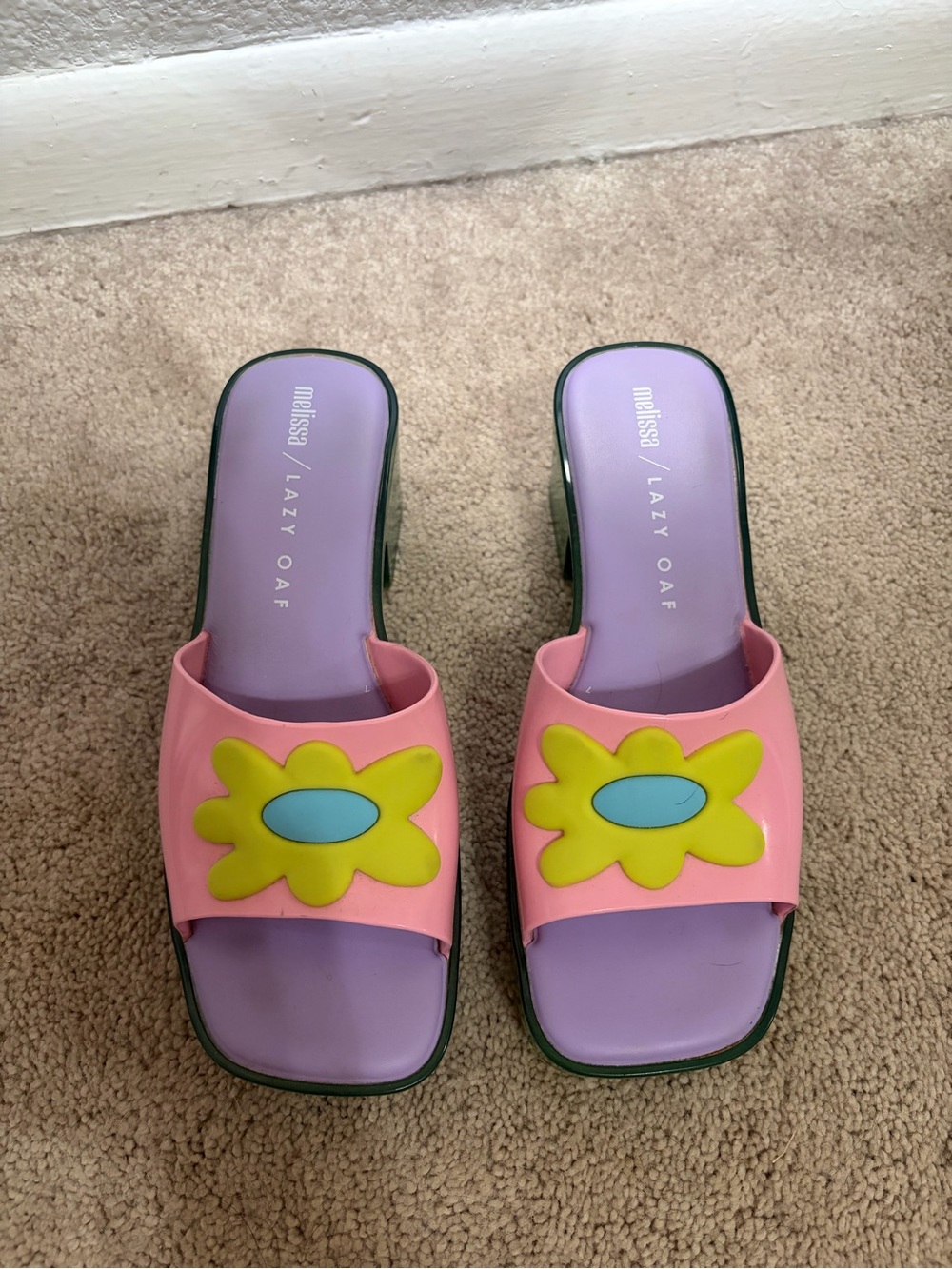 Melissa Pink Slides with Lavender Footbed and Yellow Flower Accent